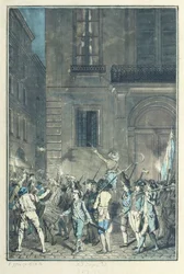 Der Mob durchstreift die Straßen von Paris und trägt Fackeln in der Nacht im Juli 1789